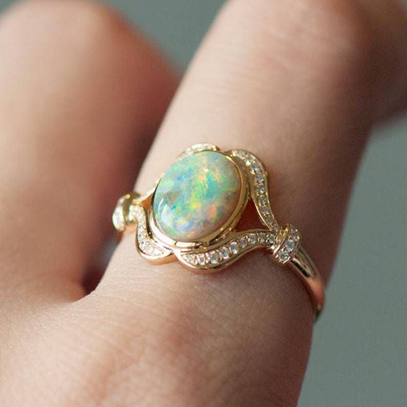 Olivenorma "Light Of Peace" Vintage Gold Plated Opal Mozambique Diamond Engagement Ring