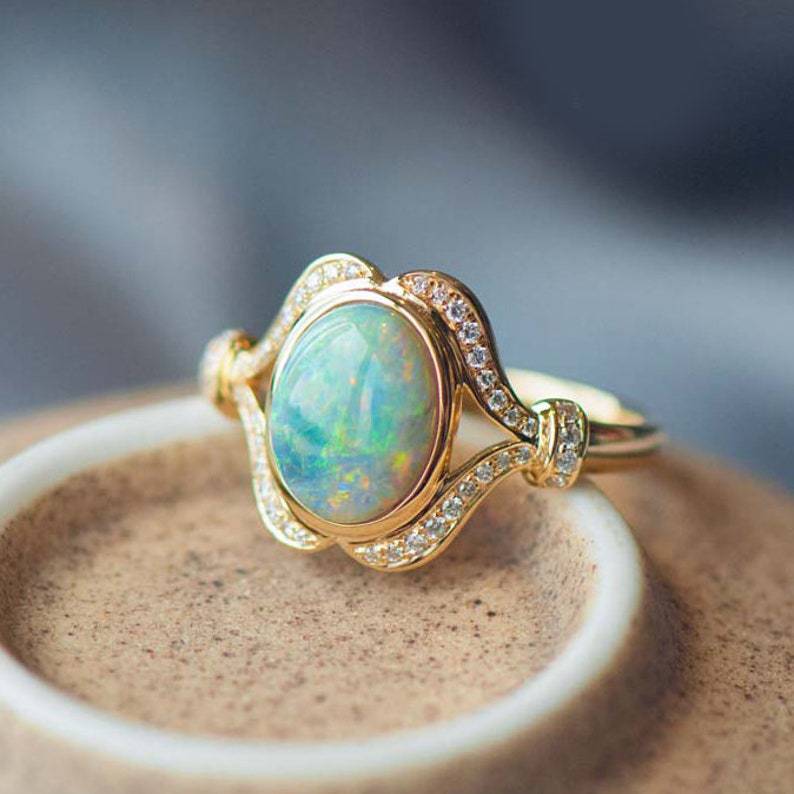Olivenorma "Light Of Peace" Vintage Gold Plated Opal Mozambique Diamond Engagement Ring