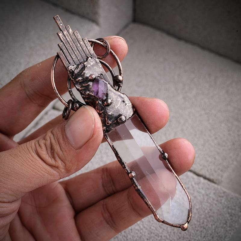 Olivenorma Clear Crystal Copper Vintage Sword Pendant Gemstone Necklace
