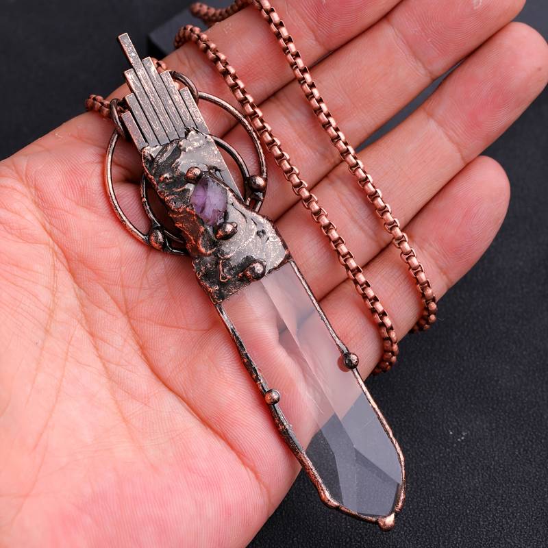 Olivenorma Clear Crystal Copper Vintage Sword Pendant Gemstone Necklace
