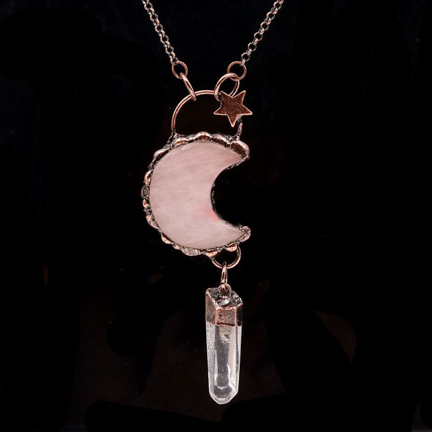 Olivenorma Crystal Moon Star Gemstone Pendant Necklace - Rose Quartz&Clear Quartz - image 2