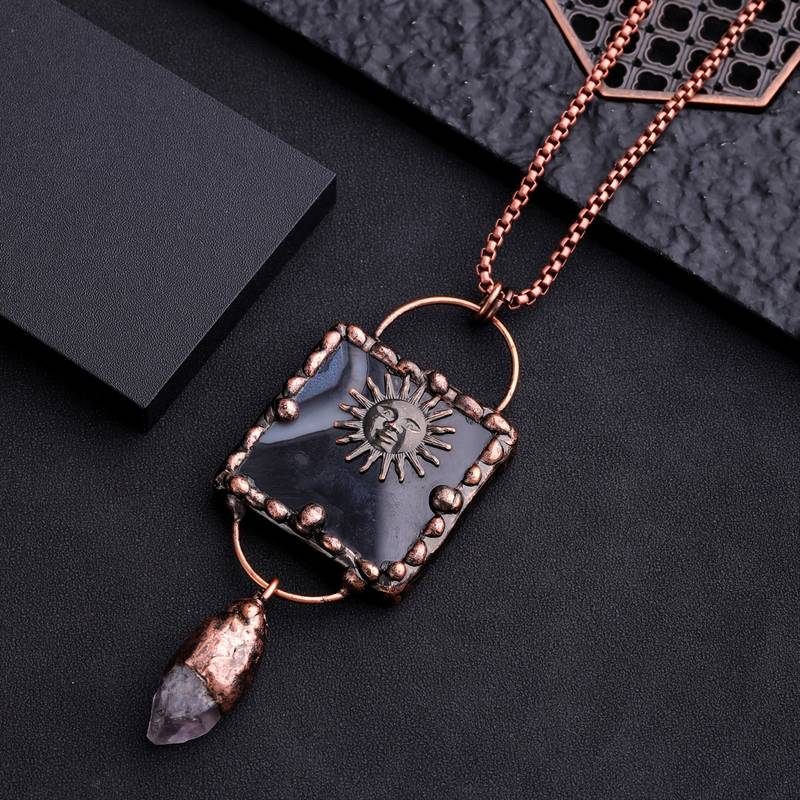 Olivenorma Sun God Black Agate Irregular Amethyst Gemstone Necklace