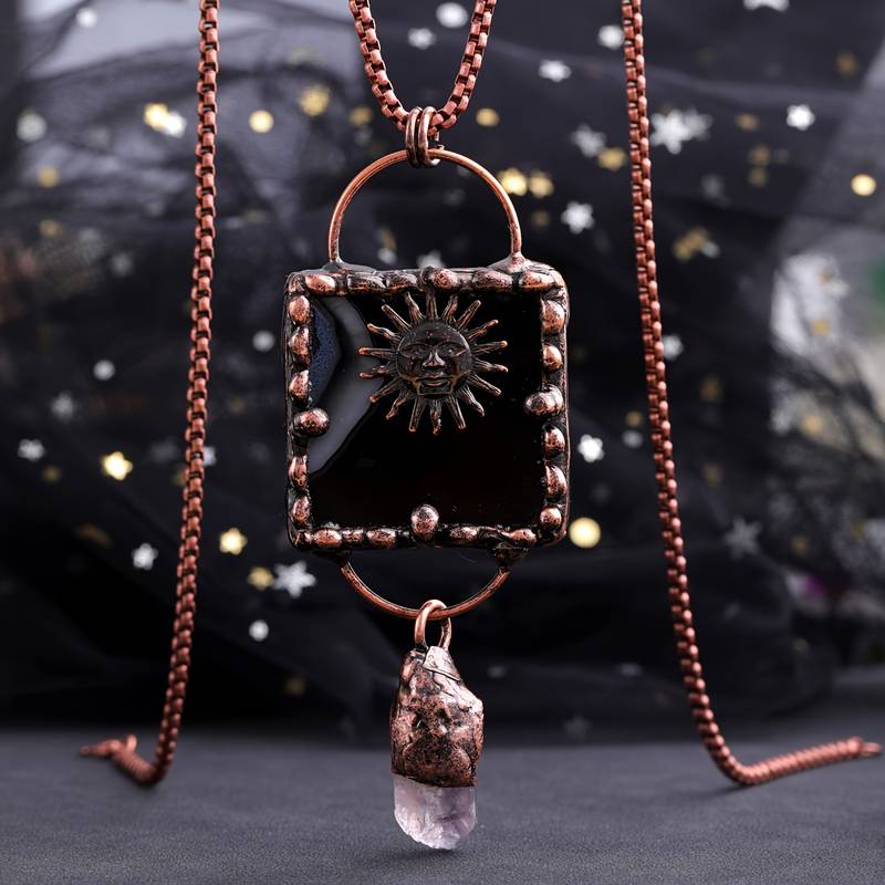 Olivenorma Sun God Black Agate Irregular Amethyst Gemstone Necklace