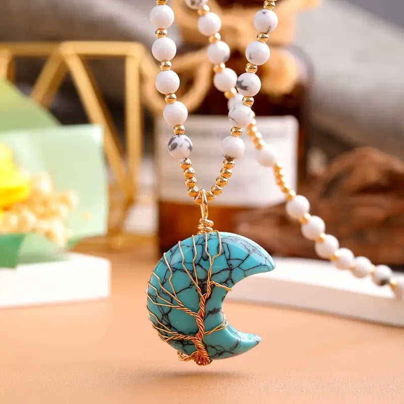 Olivenorma Moon Shape Crystal Tree Of Life Beads Gemstone Necklace