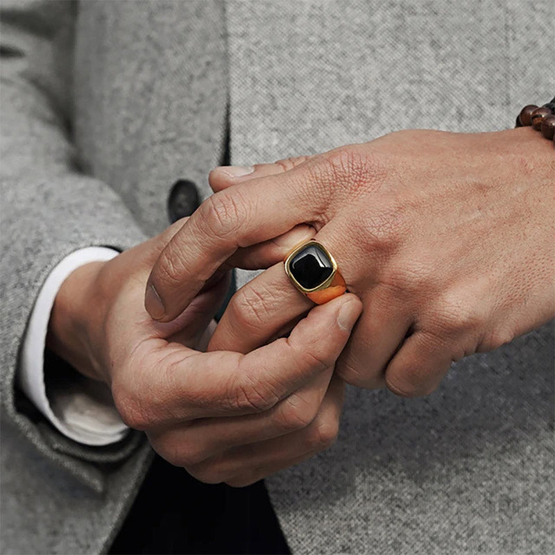 Olivenorma Vintage Natural Stone Titanium Steel Ring - Gold - Obsidian - 12 - image 1