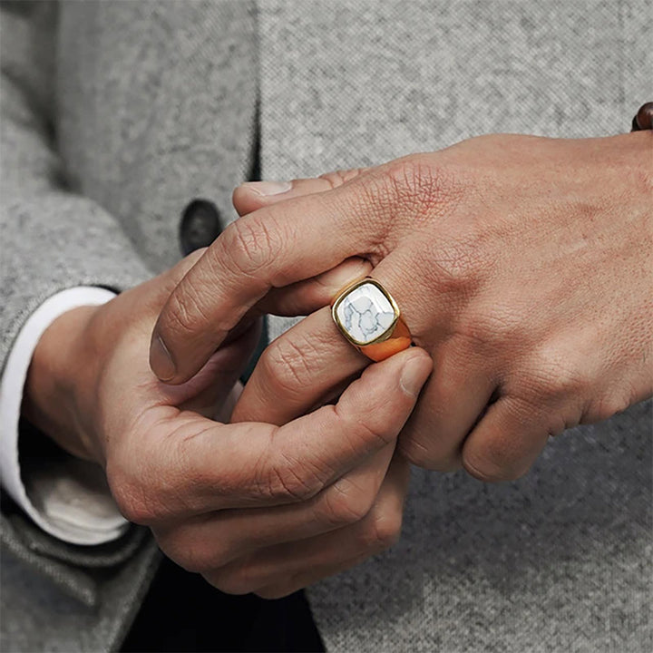 Olivenorma Vintage Natural Stone Titanium Steel Ring - Gold - Howlite - 12 - image 3