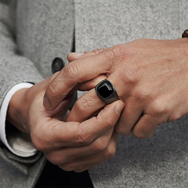 Olivenorma Vintage Natural Stone Titanium Steel Ring - Black - Obsidian - 12 - image 14