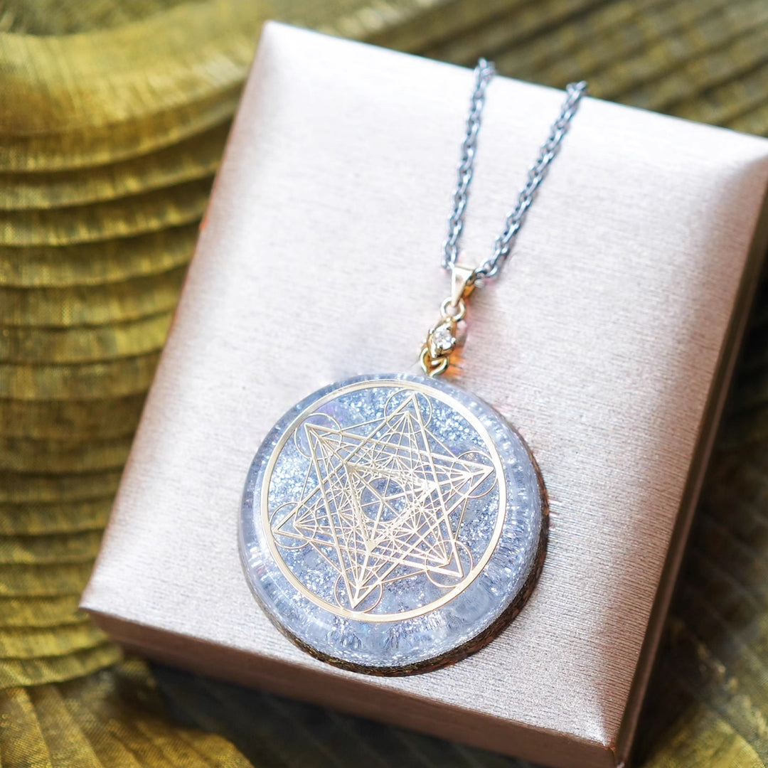 Olivenorma Clear Crystal Metatron's Cube Symbol Orgone Necklace