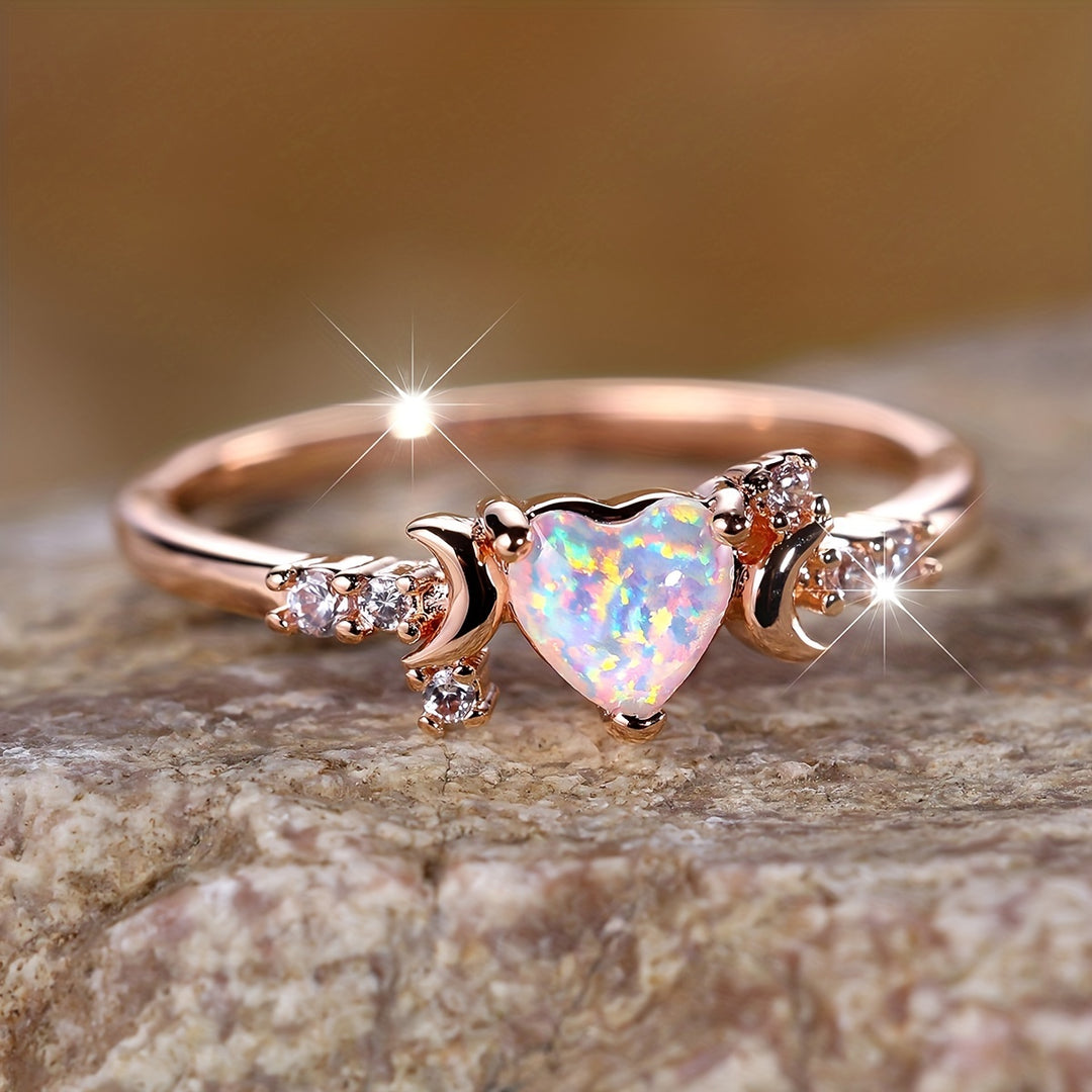 Olivenorma "Light Of Our Love" Heart Opal Moon Phases Ring