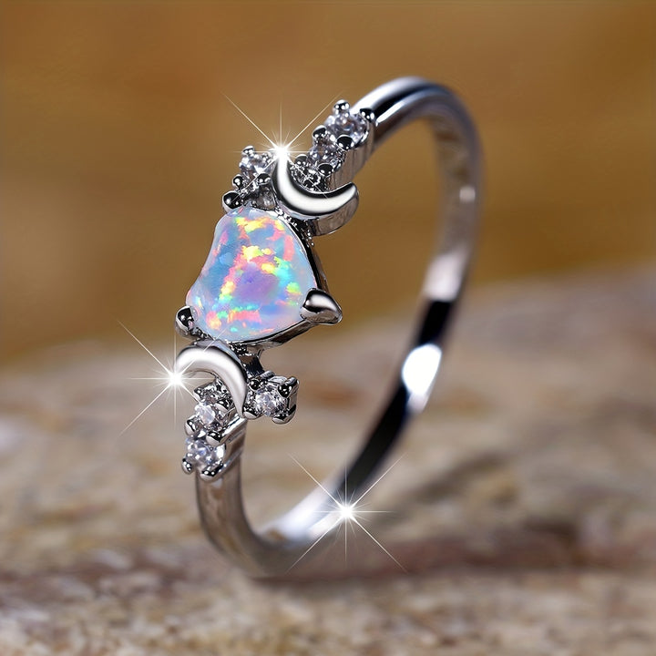 Olivenorma "Light Of Our Love" Heart Opal Moon Phases Ring - White Opal#Silver - 10 - image 4