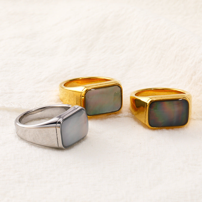 Olivenorma Rectangular Nacre Abalone Shell Titanium Steel Ring - image 0