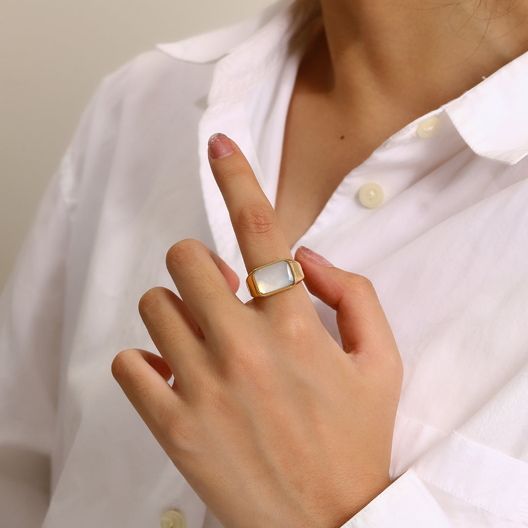 Olivenorma Rectangular Nacre Abalone Shell Titanium Steel Ring - image 1