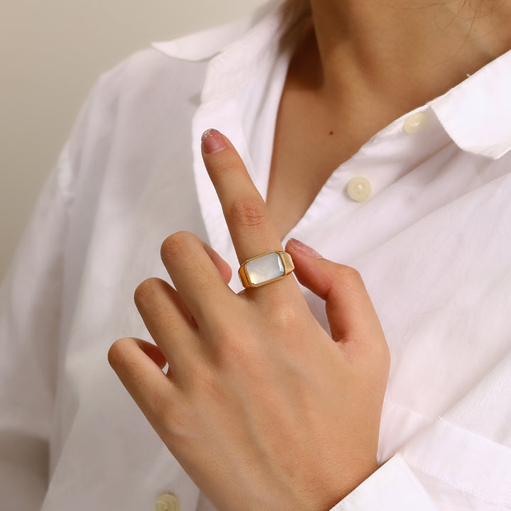 Olivenorma Rectangular Nacre Abalone Shell Titanium Steel Ring - image 1