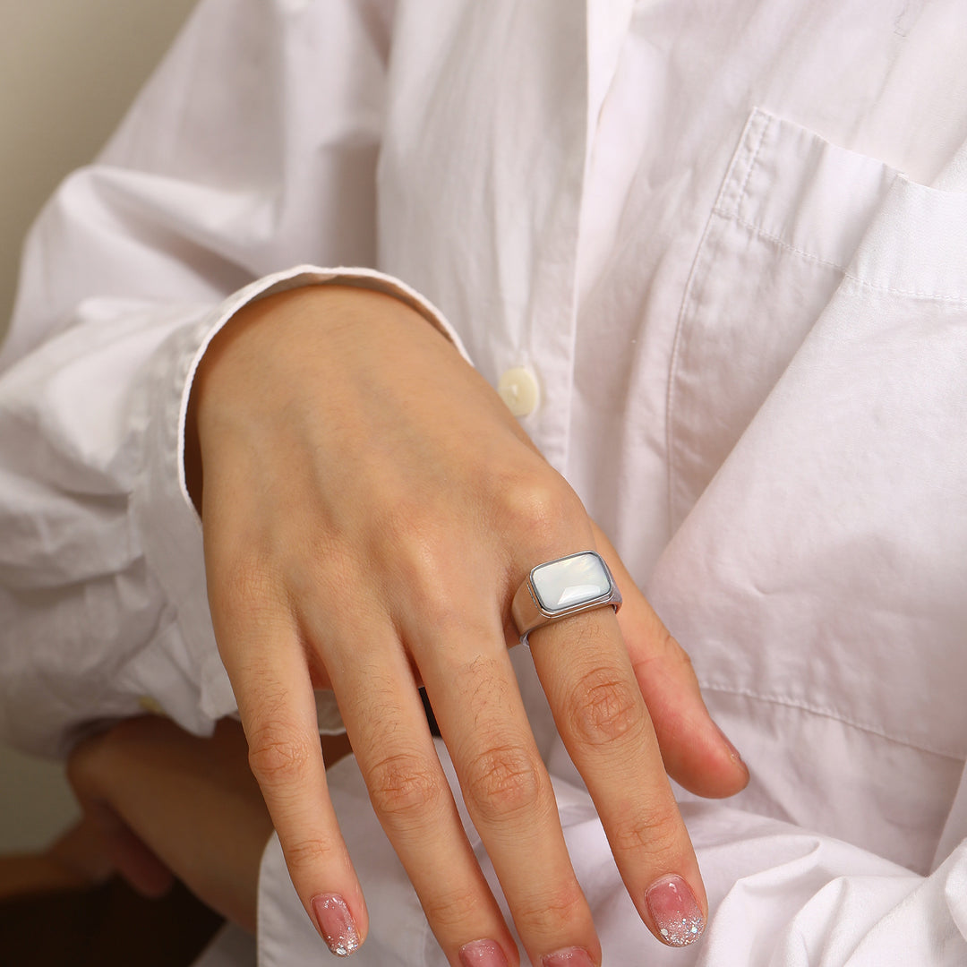 Olivenorma Rectangular Nacre Abalone Shell Titanium Steel Ring