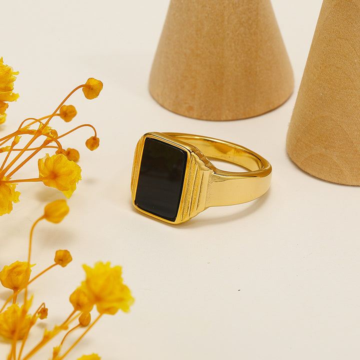 Olivenorma Retro Striped Square Obsidian Titanium Steel Ring