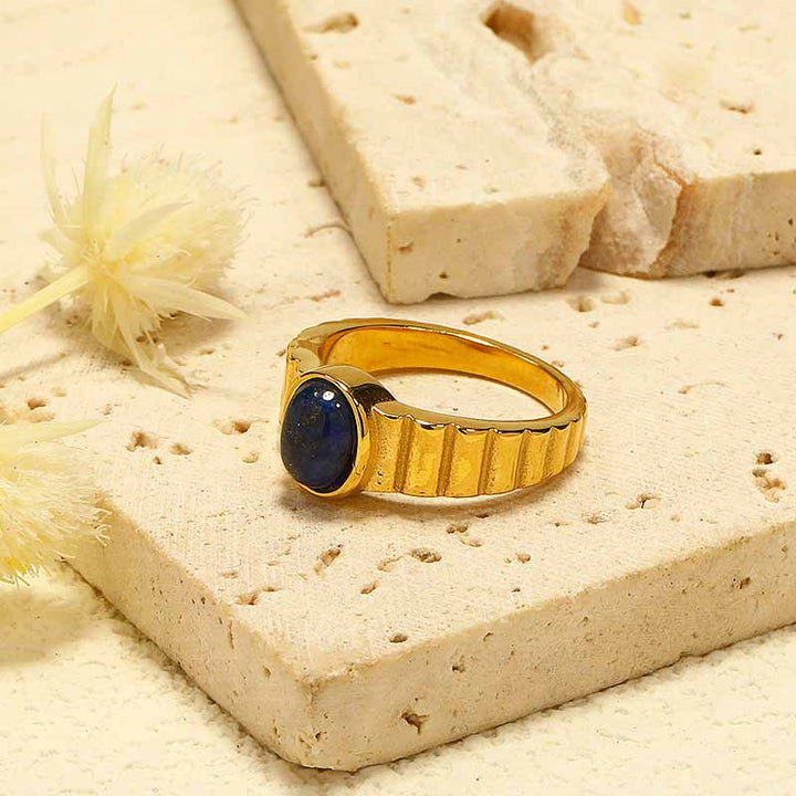 Olivenorma Lapis Lazuli Gold Vertical Pattern Titanium Steel Ring