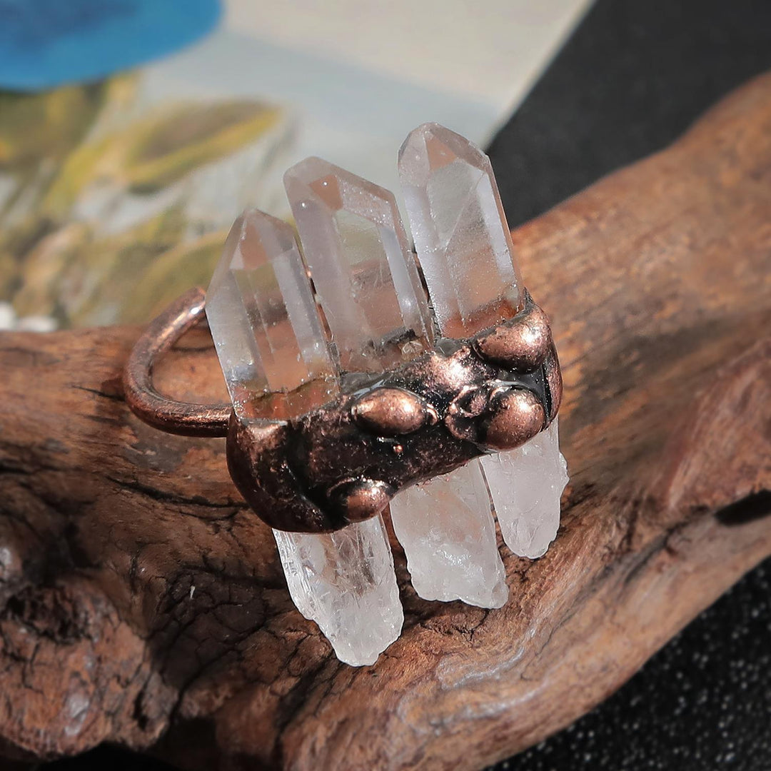 Olivenorma Natural Three Clear Quartz Adjustable Ring