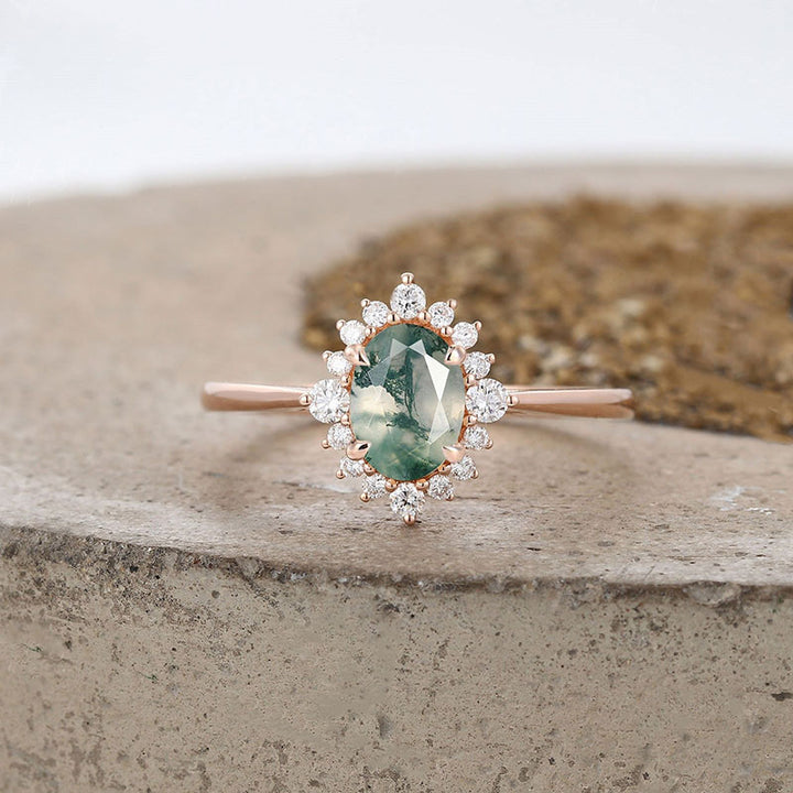 Olivenorma Vintage Moss Agate White Zircon Engagement Ring