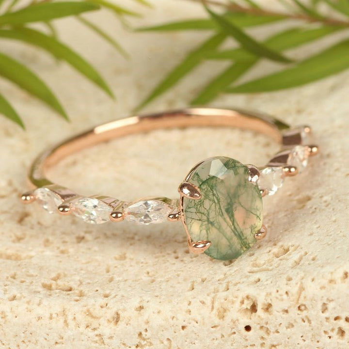 Olivenorma Women Solitaire Oval Moss Agate Ring