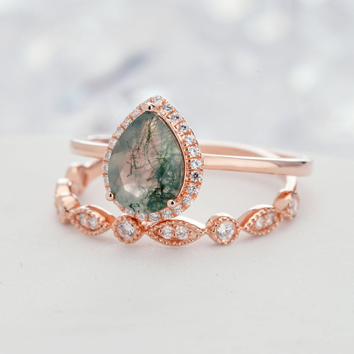 Olivenorma Pear Cut Moss Agate Engagement Ring
