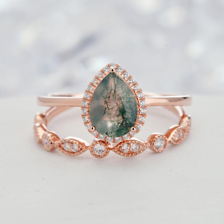 Olivenorma Pear Cut Moss Agate Engagement Ring