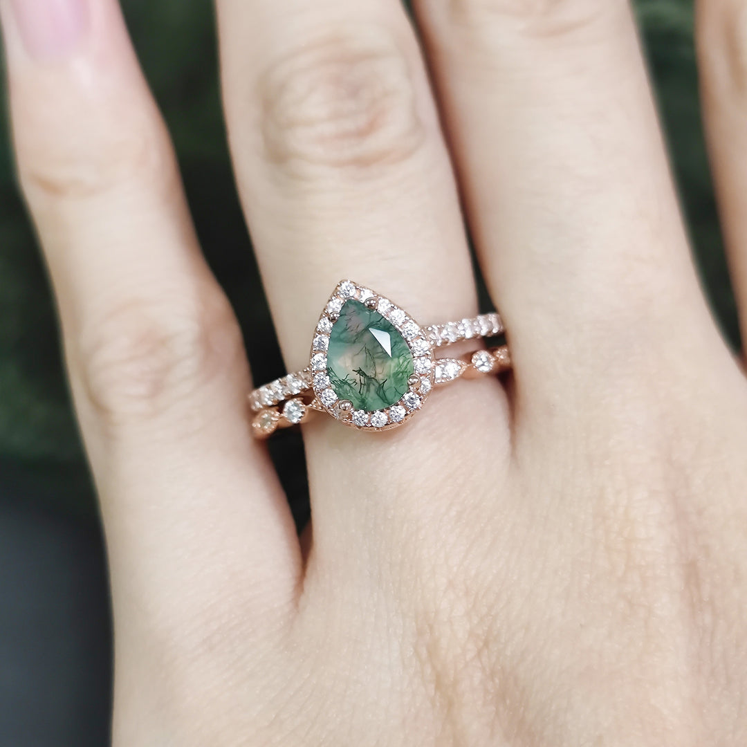 Olivenorma Pear Cut Moss Agate Engagement Ring