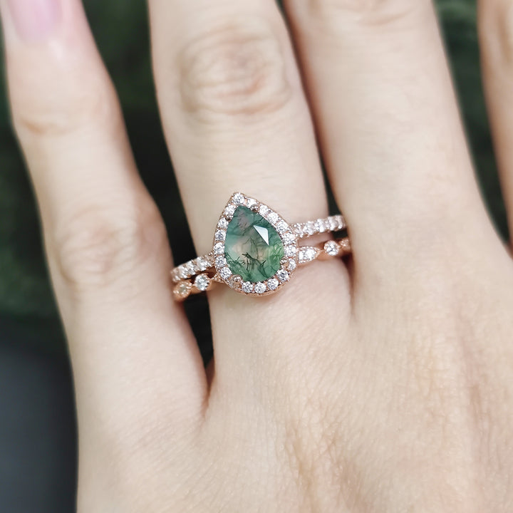 Olivenorma Pear Cut Moss Agate Engagement Ring