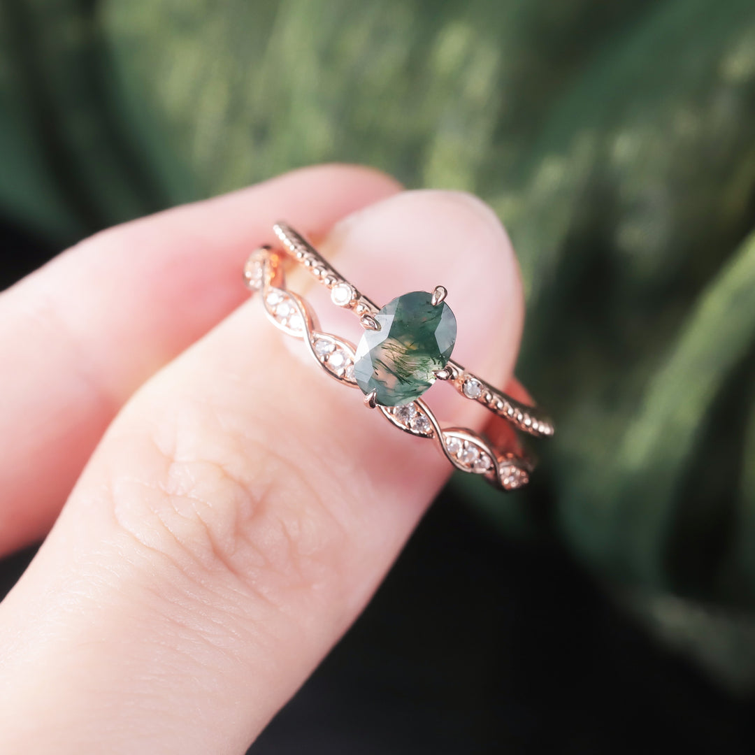 Olivenorma Moss Agate Rose Gold Ring Set