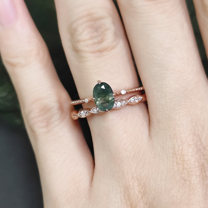 Olivenorma Moss Agate Rose Gold Ring Set