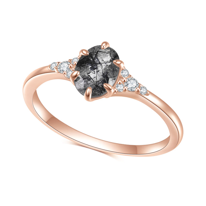 Olivenorma Black Quartz Rutilated S925 Sterling Silver Rose Gold Ring