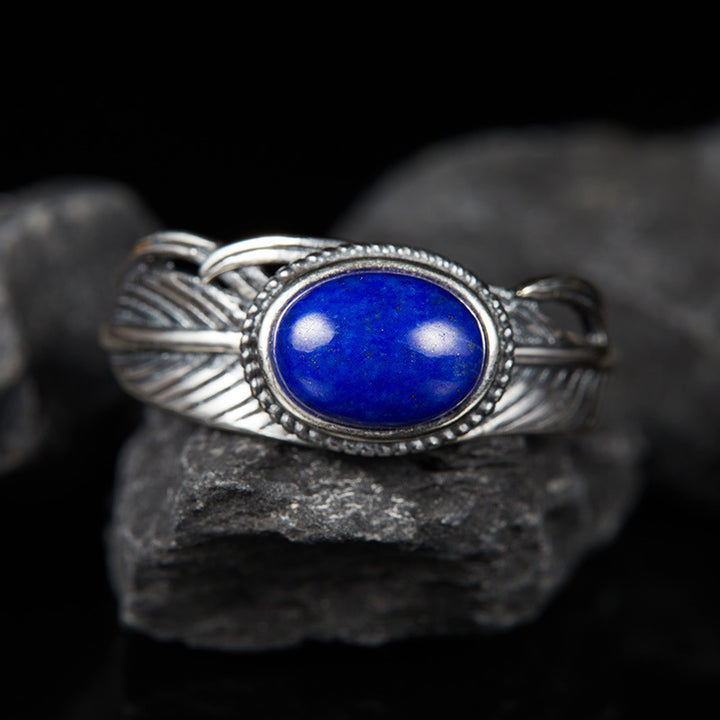 Olivenorma Natural Stone Engraved Feather Open Adjustable Ring