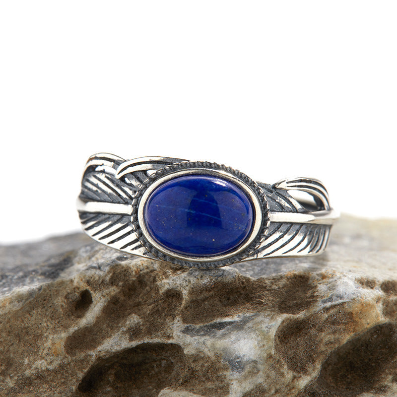 Olivenorma Natural Stone Engraved Feather Open Adjustable Ring