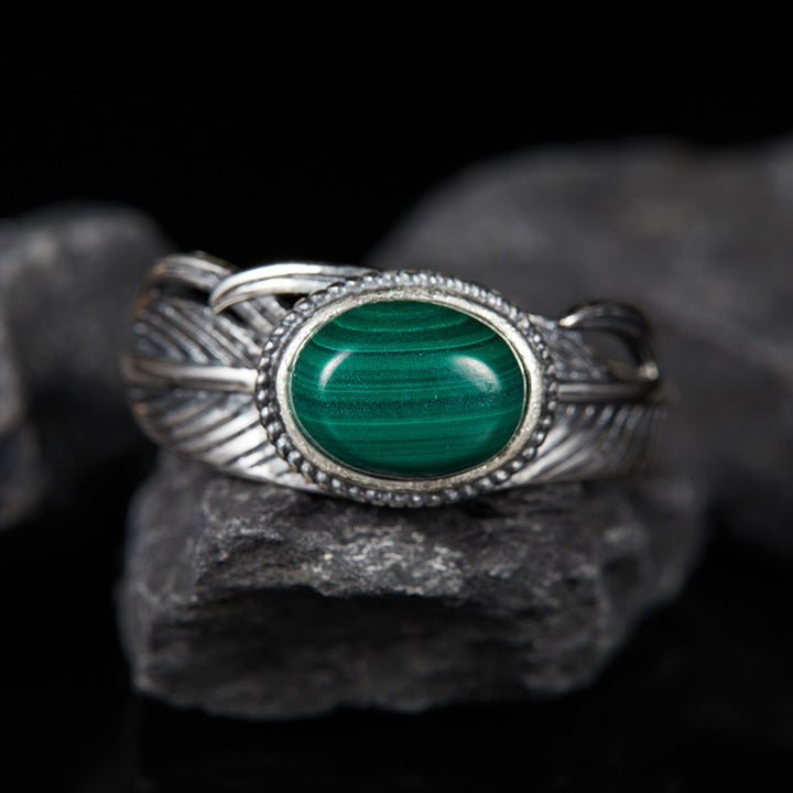 Olivenorma Natural Stone Engraved Feather Open Adjustable Ring