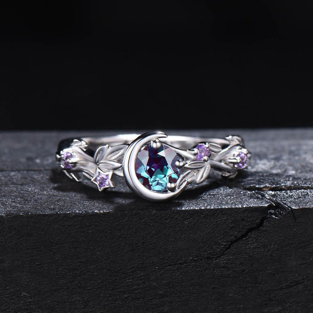 Olivenorma Moon Star Color-Change Alexandrite Branch Leaf Amethyst Engagement Ring - Silver - 10 - image 4
