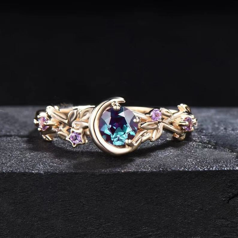 Free Today: Moon Star Color-Change Alexandrite Branch Leaf Amethyst Engagement Ring - Gold - US 10 - image 0