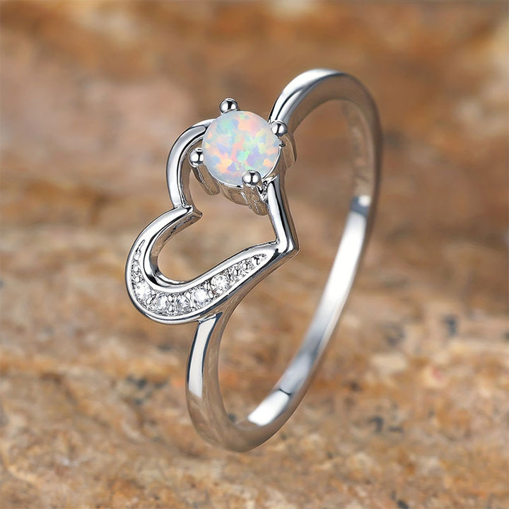 Olivenorma "Deep in Heart" - Simple Circular Opal Hollow Heart Ring