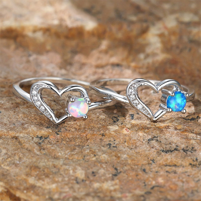 Olivenorma "Deep in Heart" - Simple Circular Opal Hollow Heart Ring