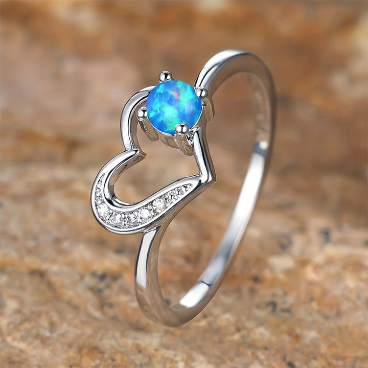 Olivenorma "Deep in Heart" - Simple Circular Opal Hollow Heart Ring