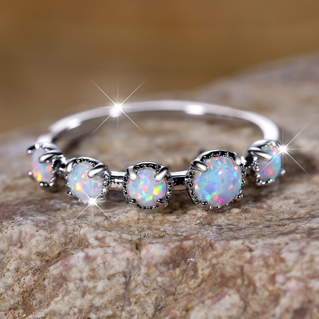 Olivenorma Five Blue White Opal Simple Designs Ring