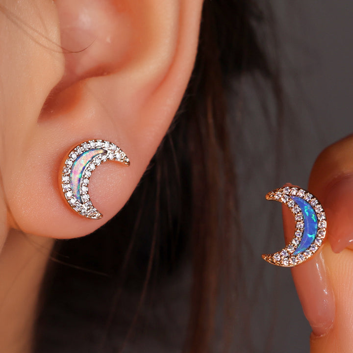 Olivenorma Blue Opal Zircon Moon Shape Earrings