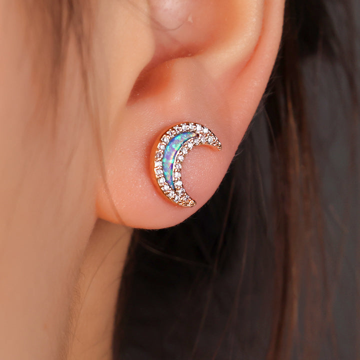 Olivenorma Blue Opal Zircon Moon Shape Earrings