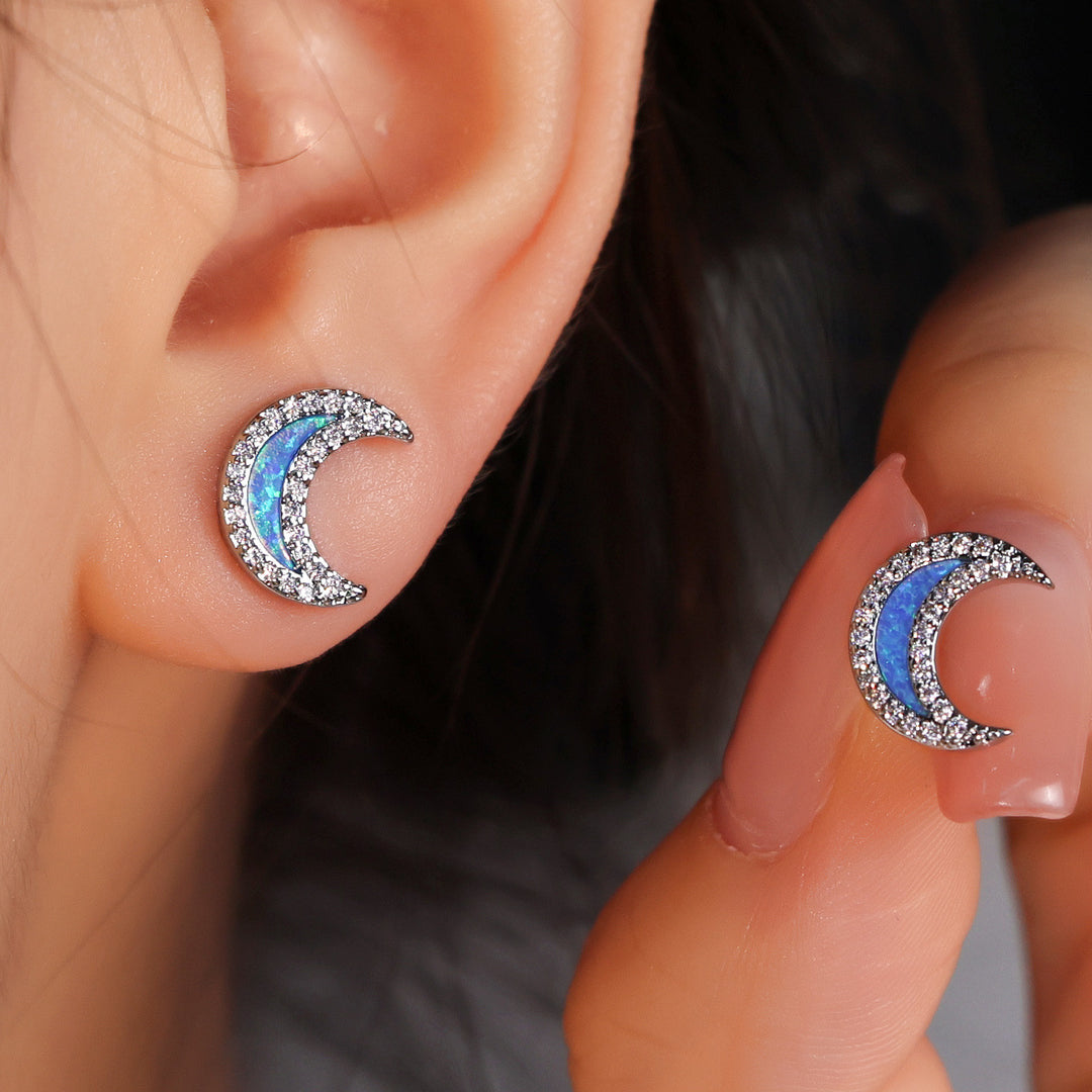 Olivenorma Blue Opal Zircon Moon Shape Earrings