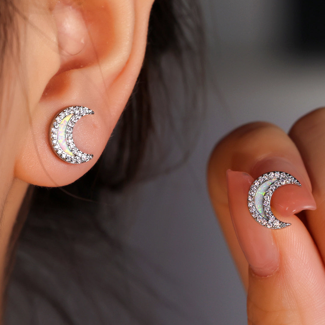 Olivenorma Blue Opal Zircon Moon Shape Earrings