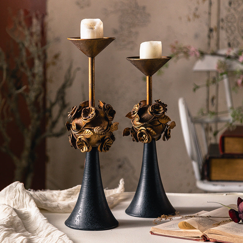 Olivenorma Distressed Vintage Carved Rose Candle Holder