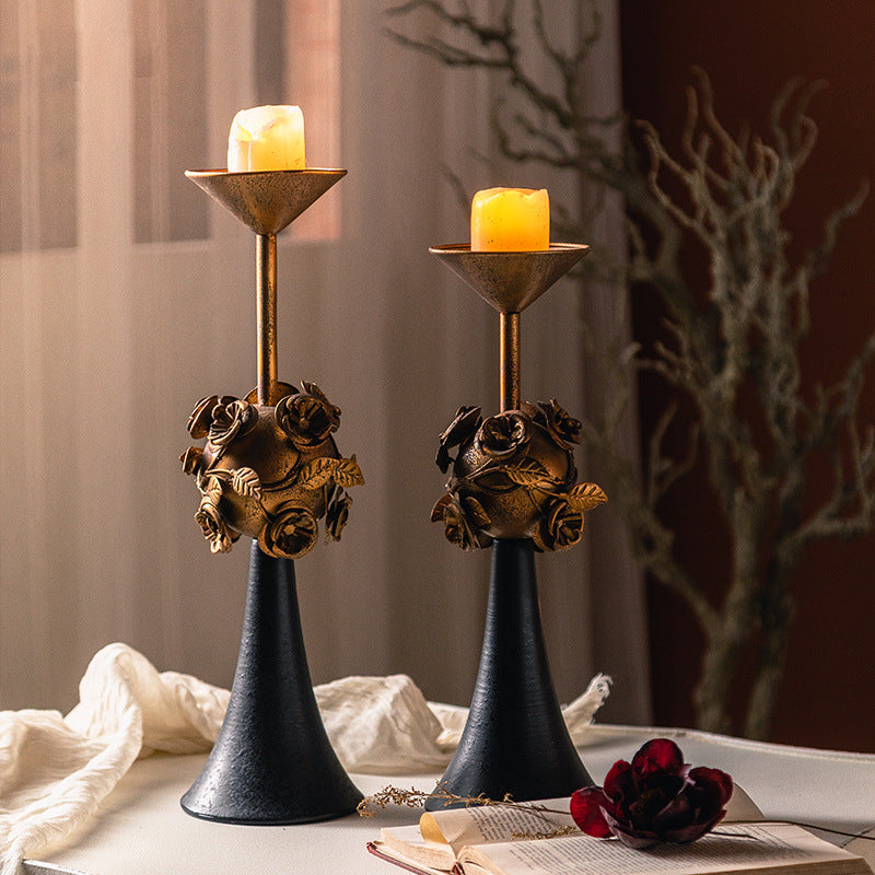 Olivenorma Distressed Vintage Carved Rose Candle Holder