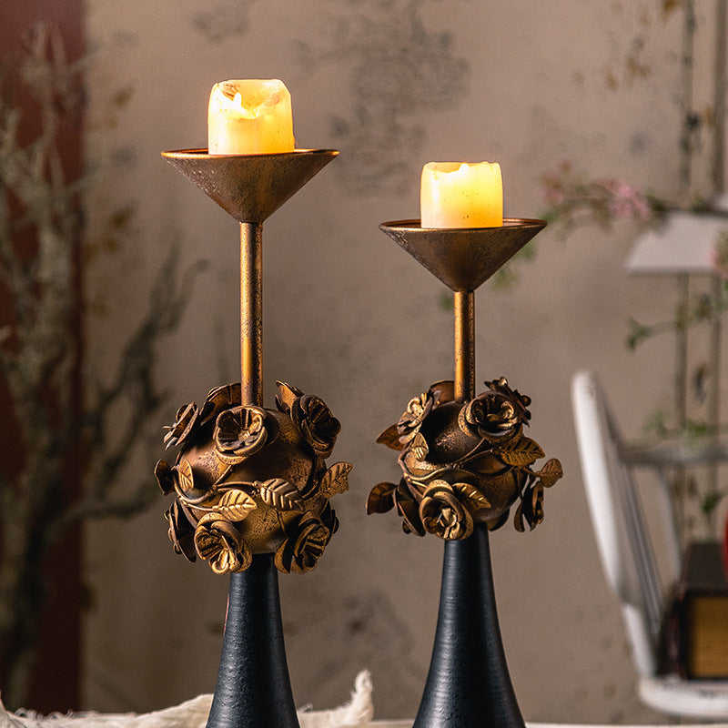 Olivenorma Distressed Vintage Carved Rose Candle Holder