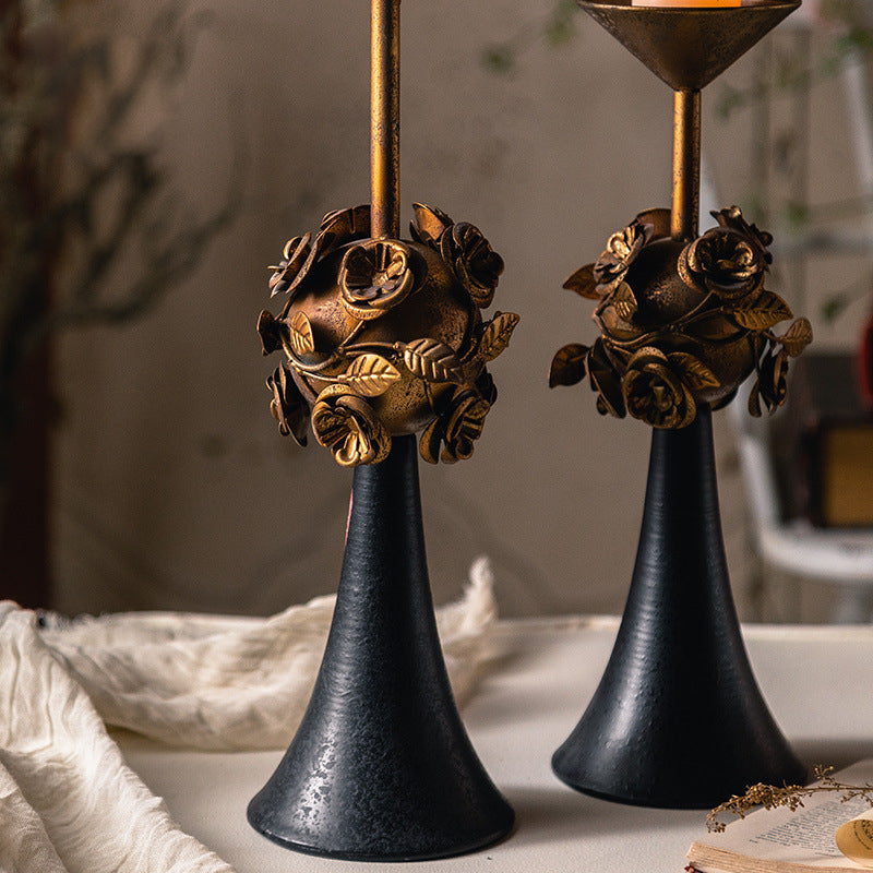 Olivenorma Distressed Vintage Carved Rose Candle Holder