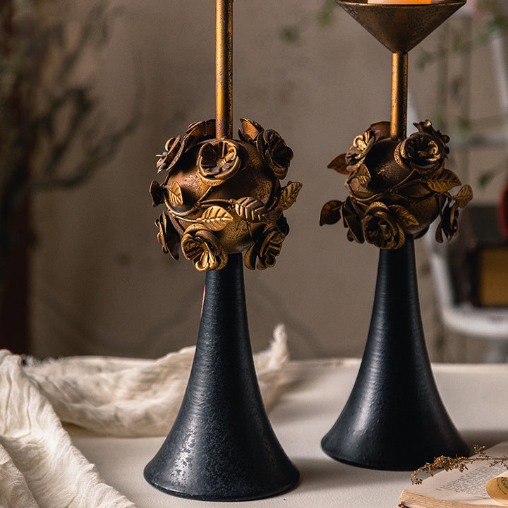 Olivenorma Distressed Vintage Carved Rose Candle Holder