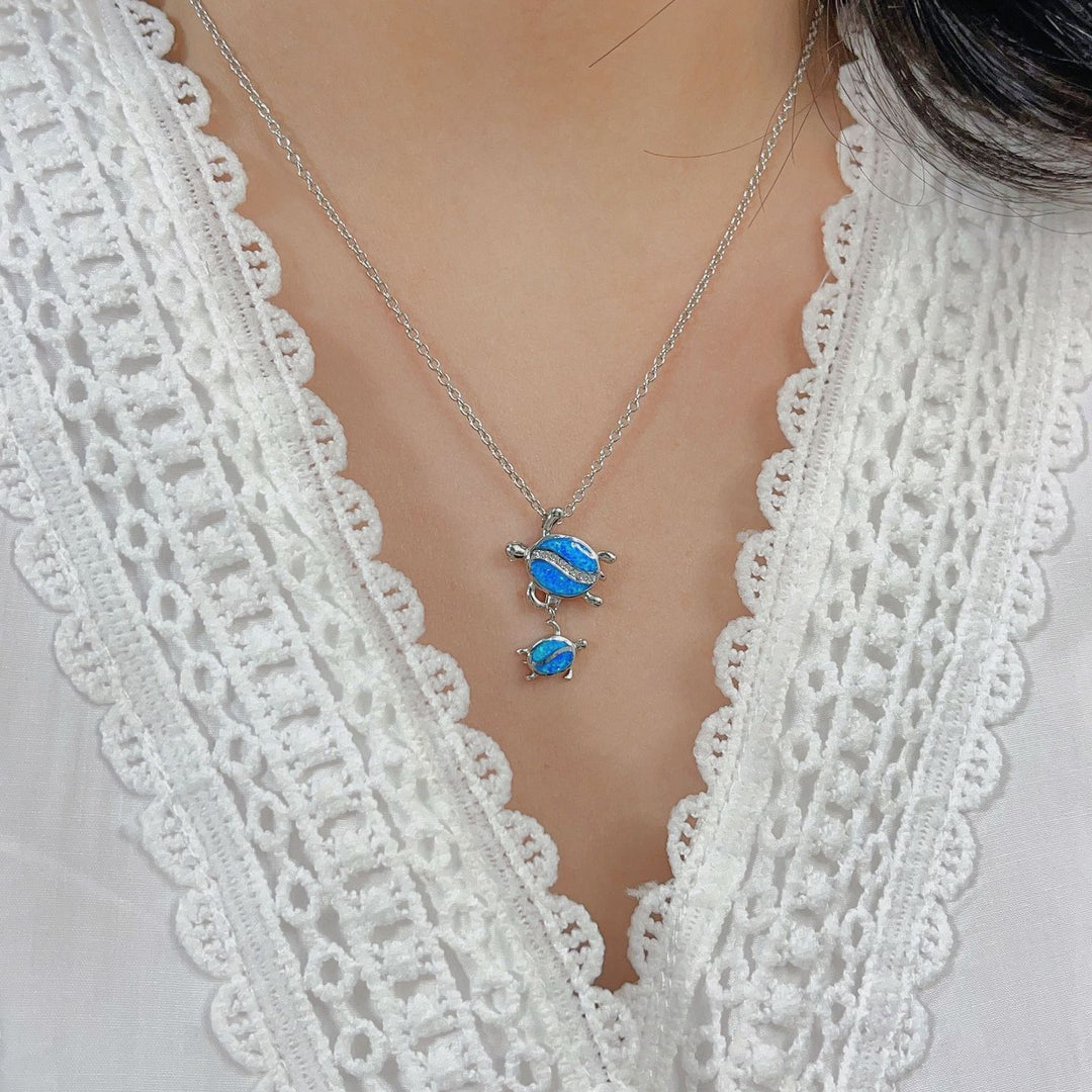 Olivenorma Blue Opal Double Turtle Pendant Necklace