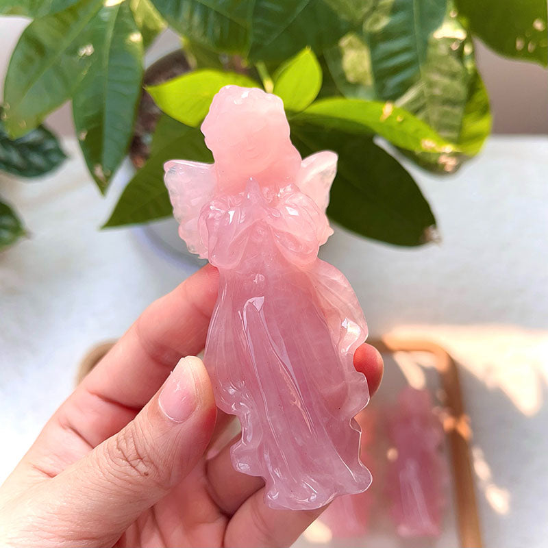 Olivenorma Rose Quartz Engraved Praying Angel Gemstone Decoration